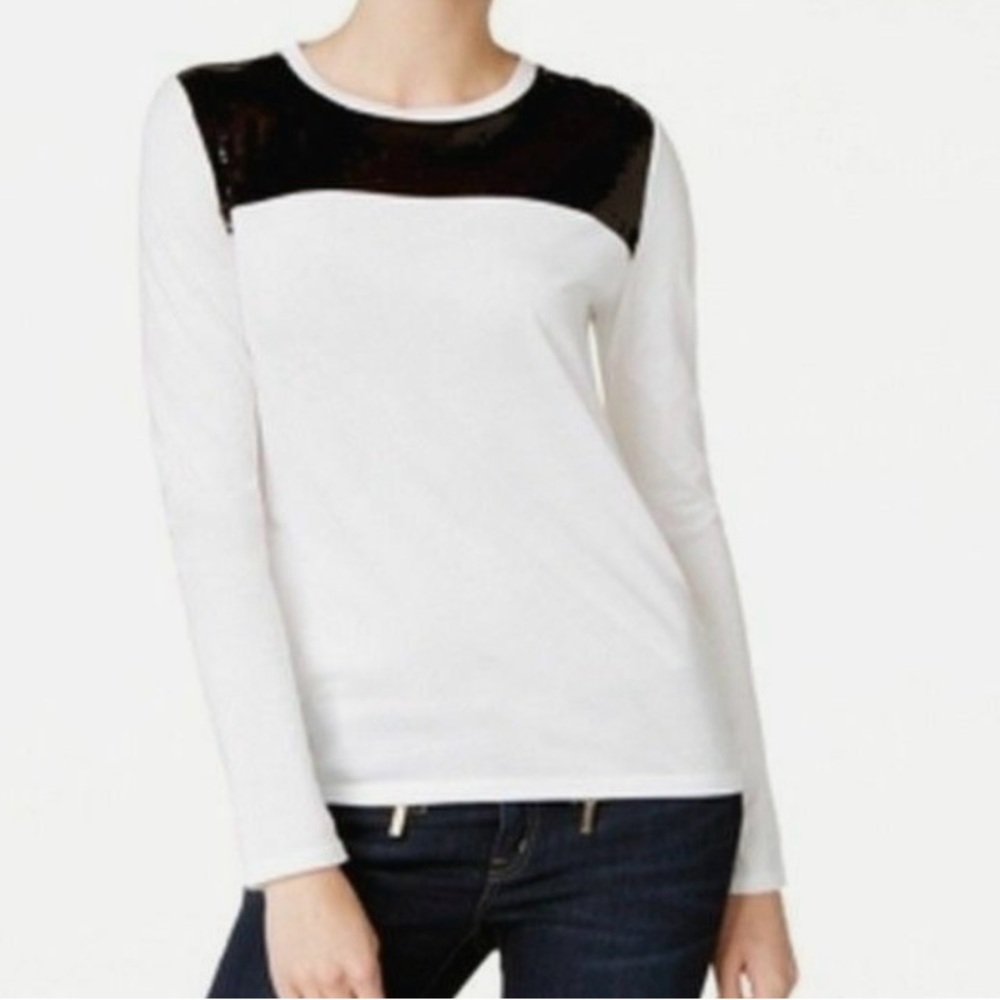 NWT MICHAEL KORS Size S Sequined Colorblock Long Sleeved top, white with black